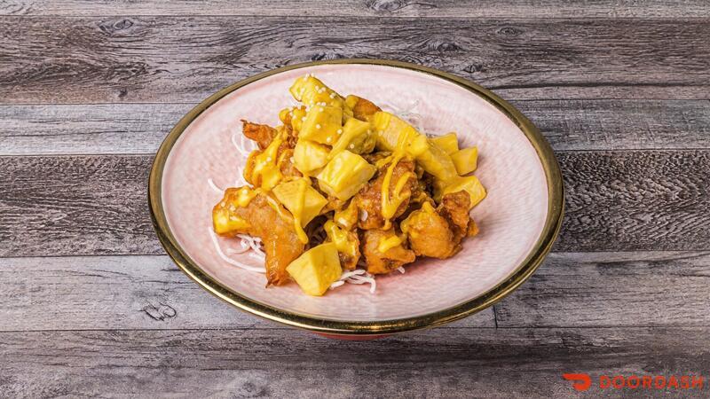 Crispy Prawns with Mango----green onions